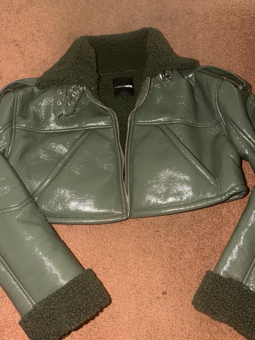 Fashion Nova Glossy Olive Green Cropped Faux Leather Jacket with Sherpa Trim